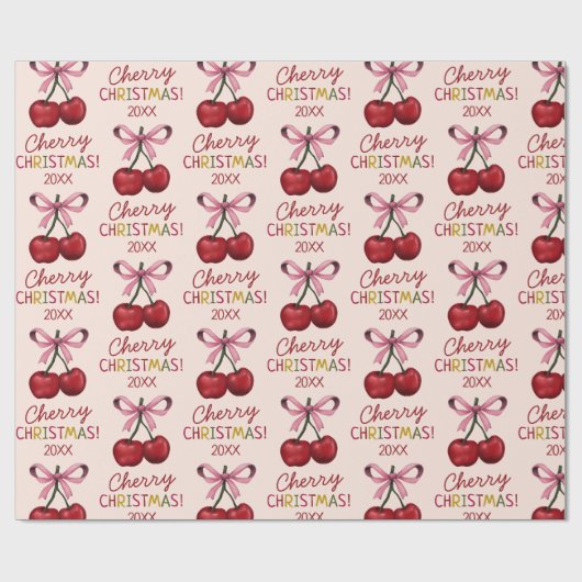 Cute Pink Bow and Red Cherry Christmas Pattern ラッピングペーパー (フラット)
