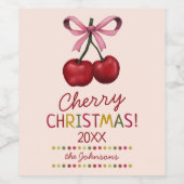 Cute Pink Bow and Sweet Red Cherry Christmas  ワインラベル (シングルラベル)