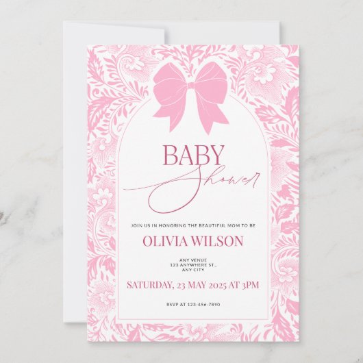 Cute Pink Bow Baby Shower Invitation ノートカード (正面)