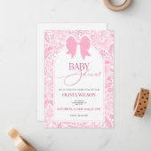 Cute Pink Bow Baby Shower Invitation ノートカード (正面/裏面インサイチュ)