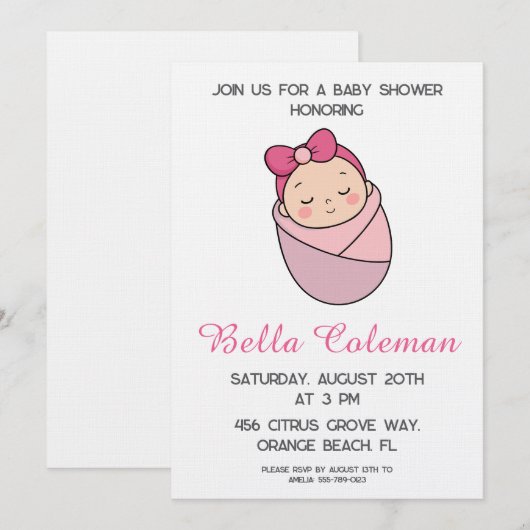 cute pink bow baby shower invitation 招待状 (正面/裏面)