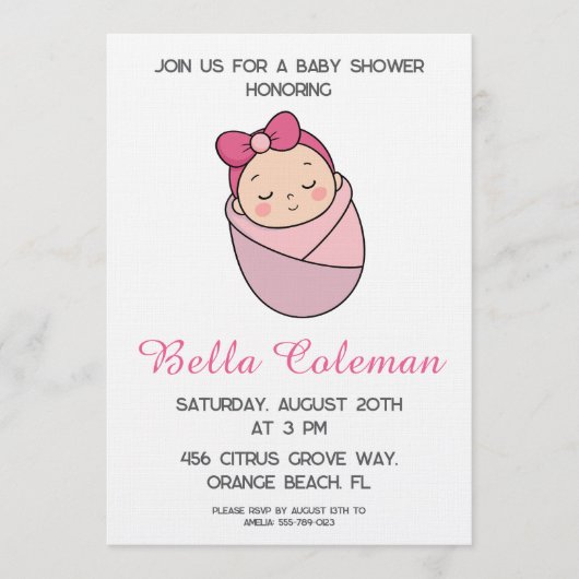 cute pink bow baby shower invitation 招待状 (正面)