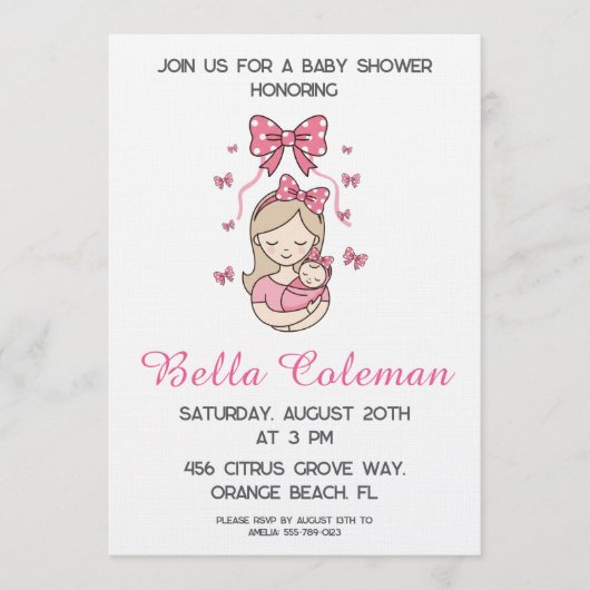 cute pink bow baby shower invitation 招待状 (正面)