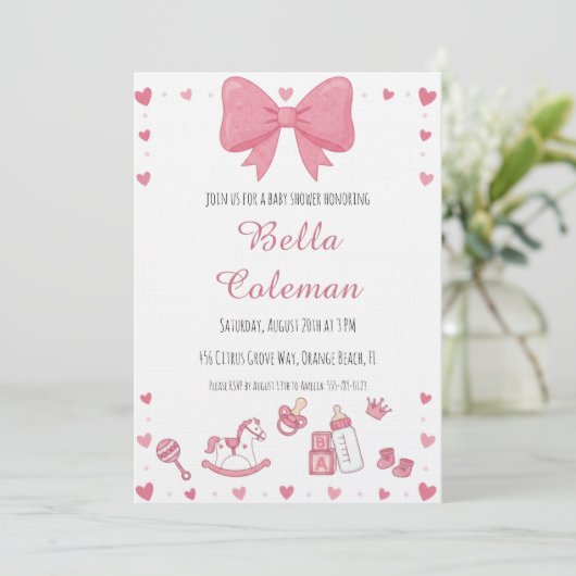 cute pink bow baby shower invitation 招待状 (スタンド正面)