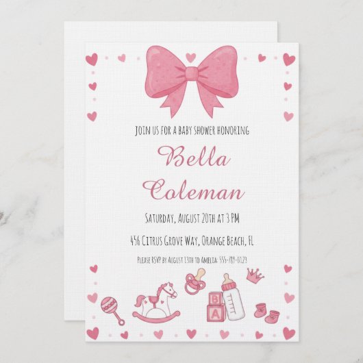 cute pink bow baby shower invitation 招待状 (正面/裏面)