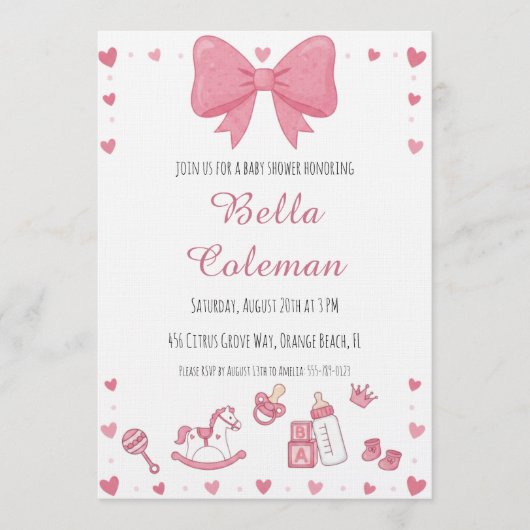 cute pink bow baby shower invitation 招待状 (正面)