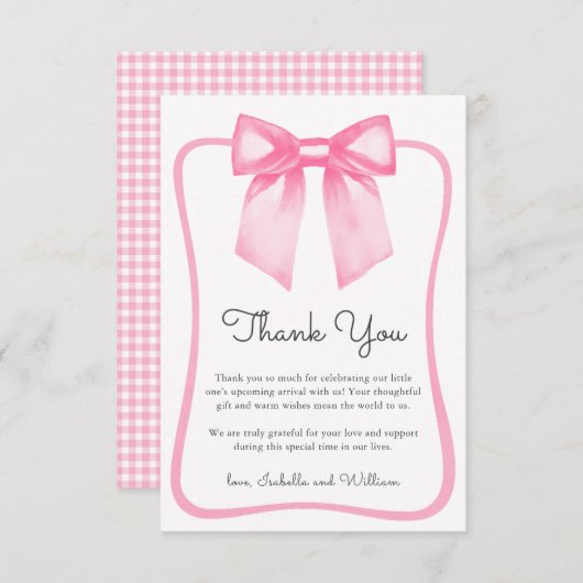 Cute Pink Bow Baby Shower Thank You Card サンキューカード (正面/裏面)