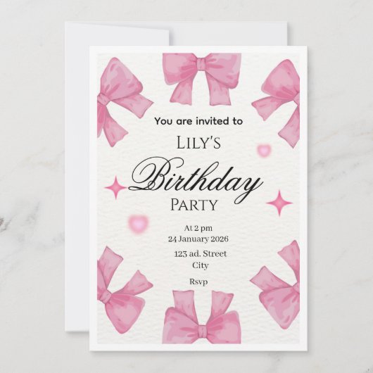Cute Pink Bow Border Greeting Card l invitation  招待状 (正面)
