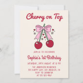 Cute Pink Bow Cherry on Top 1st Birthday 招待状 (正面)