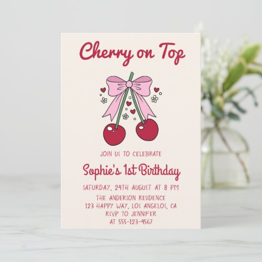 Cute Pink Bow Cherry on Top 1st Birthday 招待状 (スタンド正面)