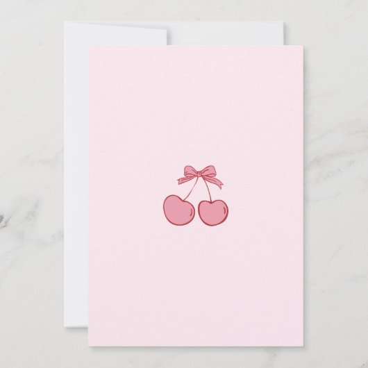 Cute Pink Bow Cherry on Top First Birthday 招待状 (裏面)