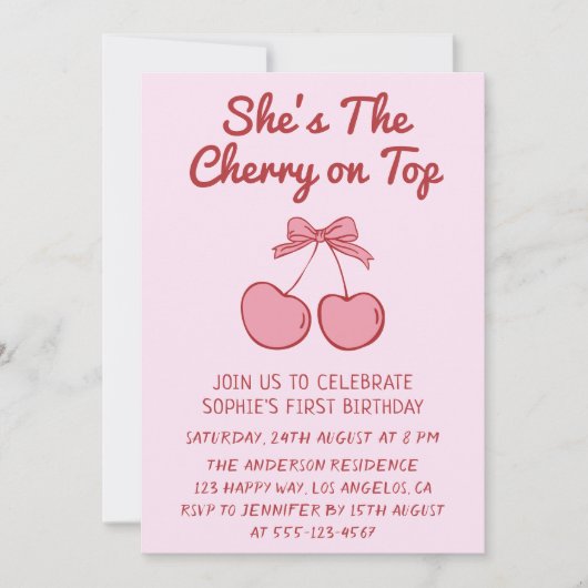 Cute Pink Bow Cherry on Top First Birthday 招待状 (正面)
