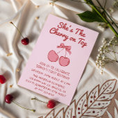 Cute Pink Bow Cherry on Top First Birthday 招待状