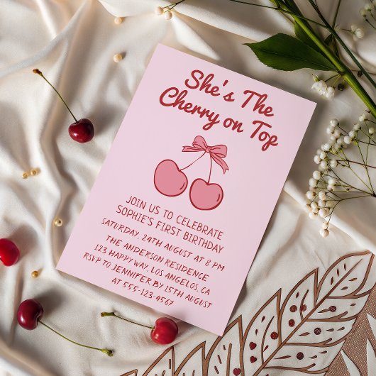 Cute Pink Bow Cherry on Top First Birthday 招待状