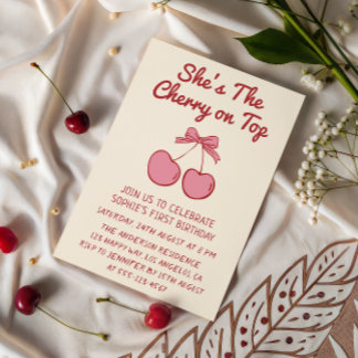 Cute Pink Bow Cherry on Top First Birthday 招待状