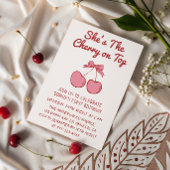 Cute Pink Bow Cherry on Top First Birthday 招待状