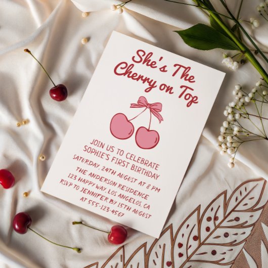 Cute Pink Bow Cherry on Top First Birthday 招待状