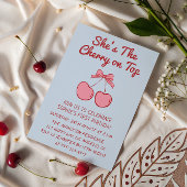 Cute Pink Bow Cherry on Top First Birthday 招待状