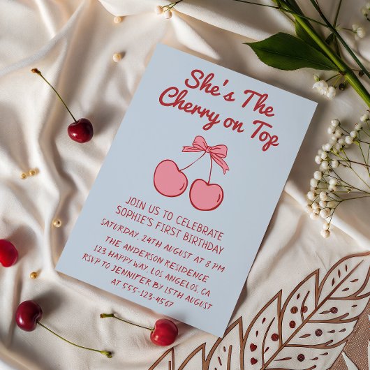 Cute Pink Bow Cherry on Top First Birthday 招待状