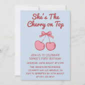 Cute Pink Bow Cherry on Top First Birthday 招待状 (正面)