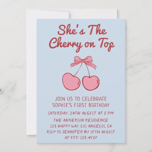 Cute Pink Bow Cherry on Top First Birthday 招待状 (正面)
