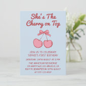 Cute Pink Bow Cherry on Top First Birthday 招待状 (スタンド正面)