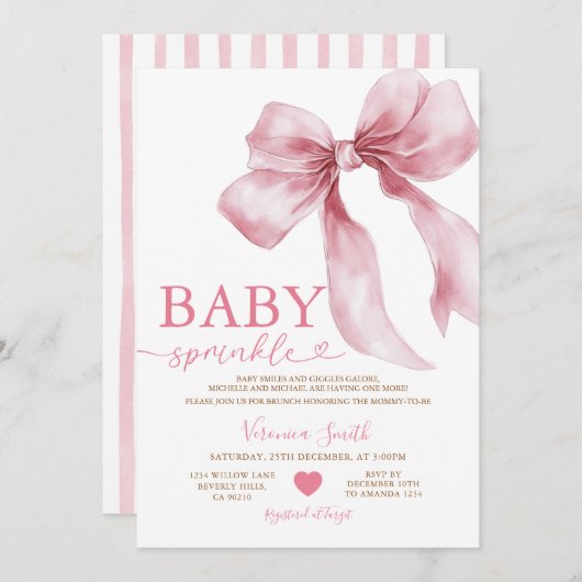 Cute Pink Bow Coquette Baby Sprinkle Baby Shower 招待状 (正面/裏面)