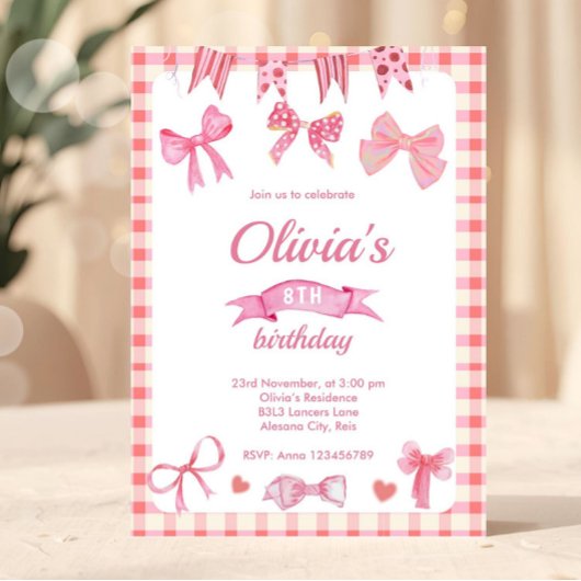 Cute Pink Bow Coquette Birthday Invitation 招待状