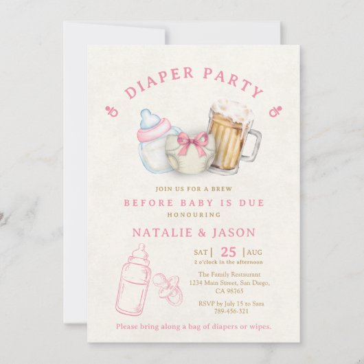 Cute Pink Bow Diaper Beer Baby Shower 招待状 (正面)