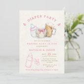 Cute Pink Bow Diaper Beer Baby Shower 招待状 (スタンド正面)