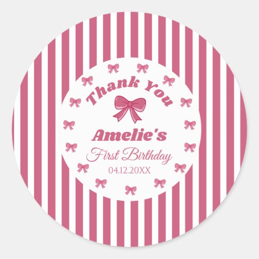 Cute Pink Bow First Birthday  ラウンドシール (正面)