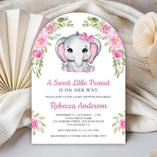 Cute Pink Bow Floral Elephant Baby Shower 招待状