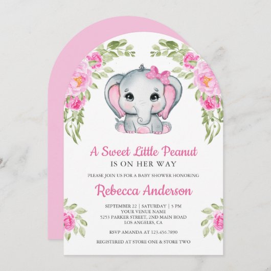 Cute Pink Bow Floral Elephant Baby Shower 招待状 (正面/裏面)