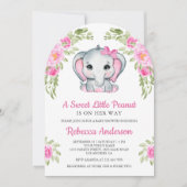 Cute Pink Bow Floral Elephant Baby Shower 招待状 (正面)