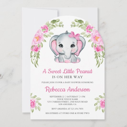 Cute Pink Bow Floral Elephant Baby Shower 招待状 (正面)