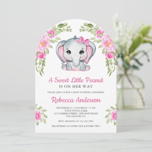 Cute Pink Bow Floral Elephant Baby Shower 招待状 (スタンド正面)