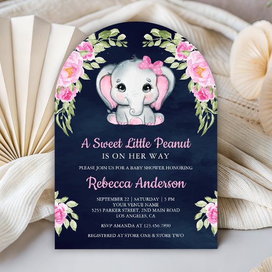 Cute Pink Bow Floral Elephant Navy Baby Shower 招待状