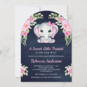 Cute Pink Bow Floral Elephant Navy Baby Shower 招待状 (正面)