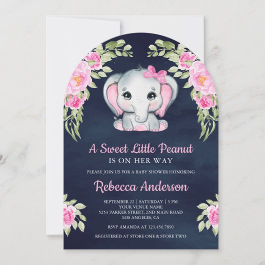 Cute Pink Bow Floral Elephant Navy Baby Shower 招待状 (正面)