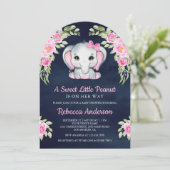 Cute Pink Bow Floral Elephant Navy Baby Shower 招待状 (スタンド正面)