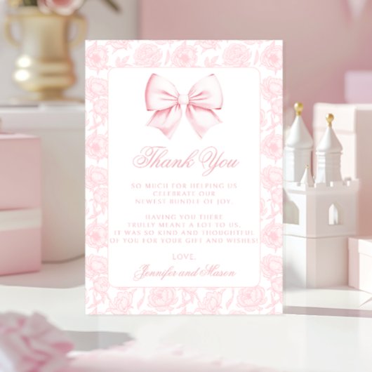 Cute pink bow floral preppy baby girl shower サンキューカード