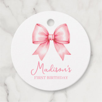 Cute Pink Bow Girl First Birthday フェイバータグ
