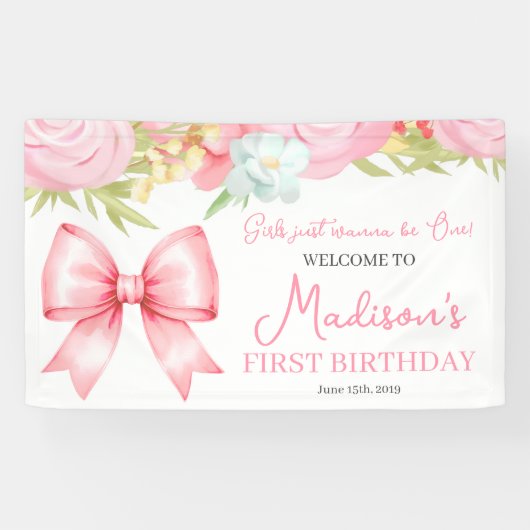 Cute Pink Bow Girl First Birthday 横断幕 (横)