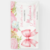 Cute Pink Bow Girl First Birthday 横断幕 (縦)