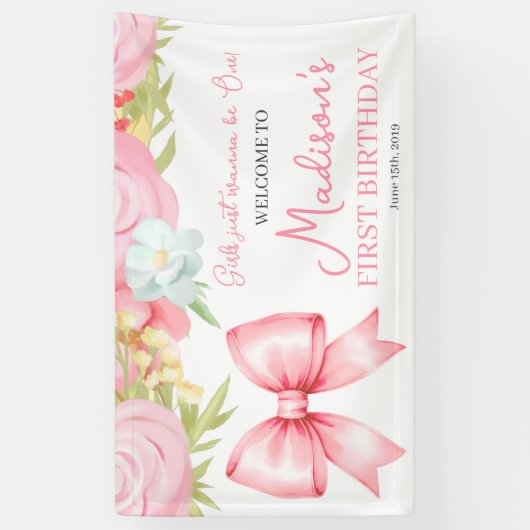 Cute Pink Bow Girl First Birthday 横断幕 (縦)