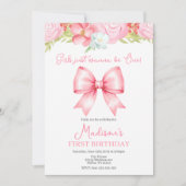 Cute Pink Bow Girl First Birthday Invitation 招待状 (正面)