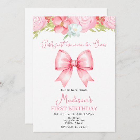 Cute Pink Bow Girl First Birthday Invitation 招待状 (正面/裏面)