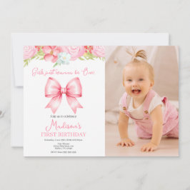 Cute Pink Bow Girl First Birthday Photo Invitation 招待状