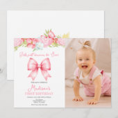 Cute Pink Bow Girl First Birthday Photo Invitation 招待状 (正面/裏面)