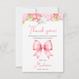 Cute Pink Bow Girl First Birthday Thank You Card サンキューカード